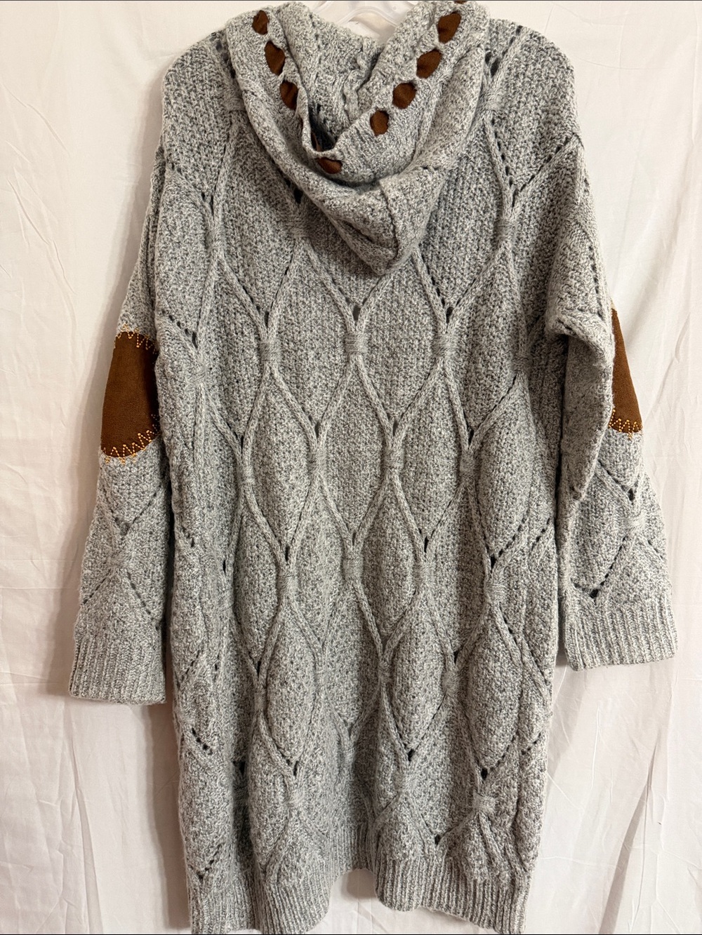 POL Light Gray Open Cable-Knit Cardigan with Brown Elbow Patches - Picture 12 of 16